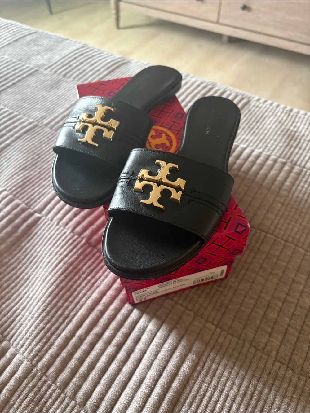 Tory Burch Black Leather Slide Sandals with Gold Logo Accent